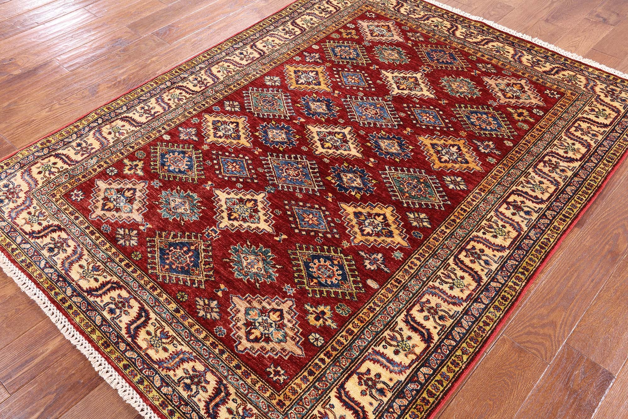 Red Super Kazak Hand Knotted Wool Area Rug - 4' 11" X 6' 6" - Golden Nile