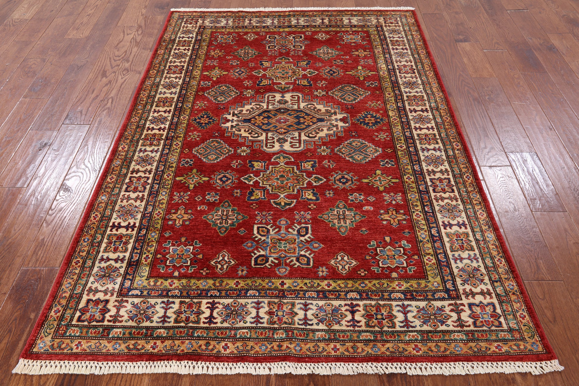Red Super Kazak Handmade Wool Area Rug - 4' 11" X 6' 10" - Golden Nile