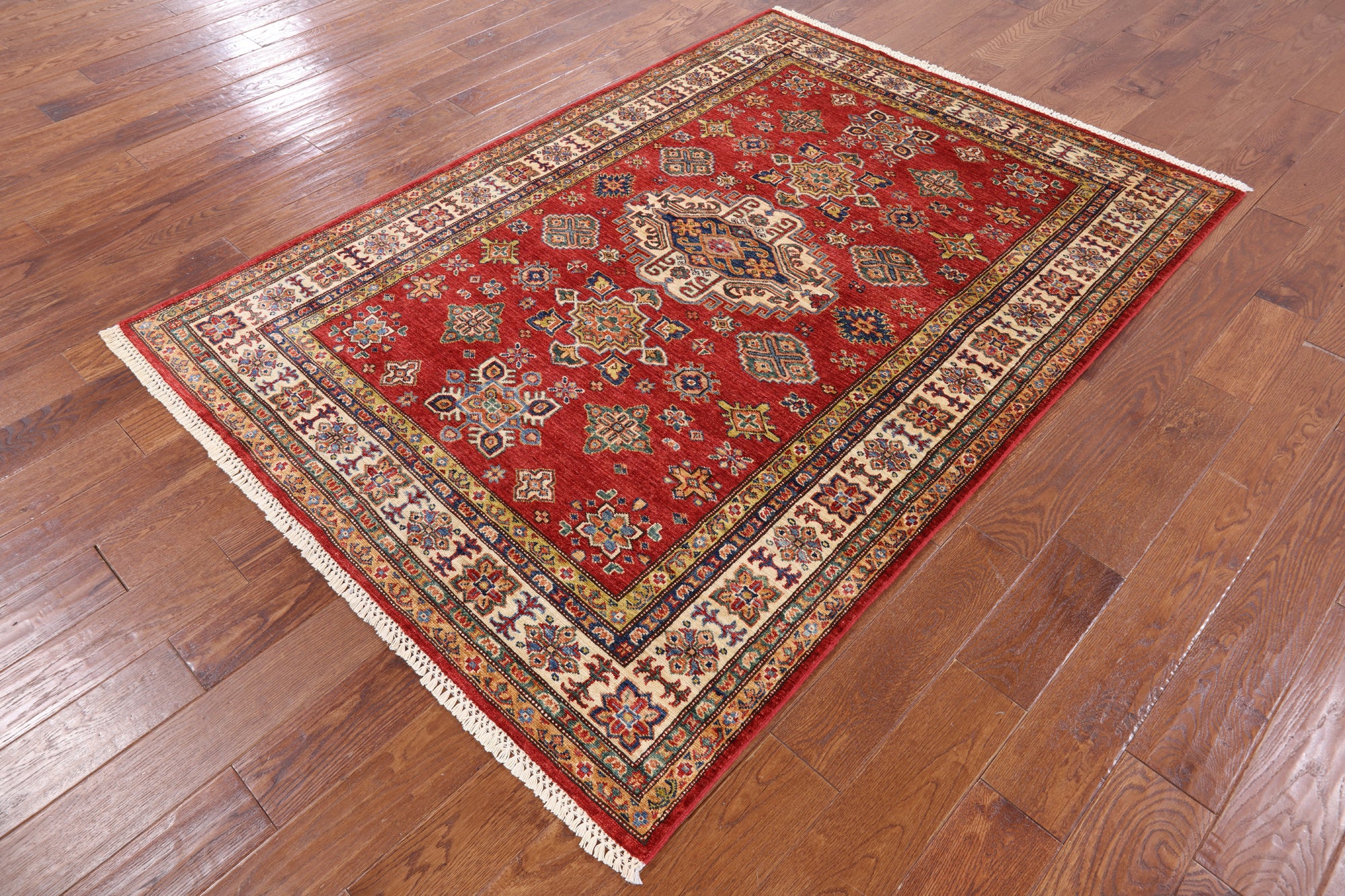 Red Super Kazak Handmade Wool Area Rug - 4' 11" X 6' 10" - Golden Nile