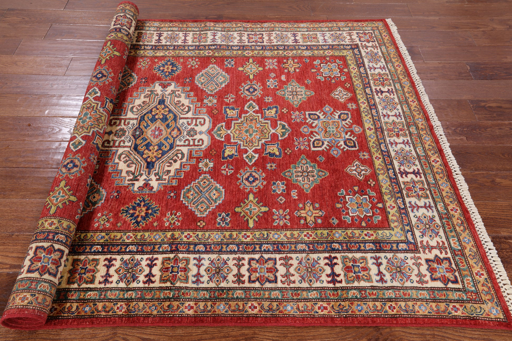 Red Super Kazak Handmade Wool Area Rug - 4' 11" X 6' 10" - Golden Nile
