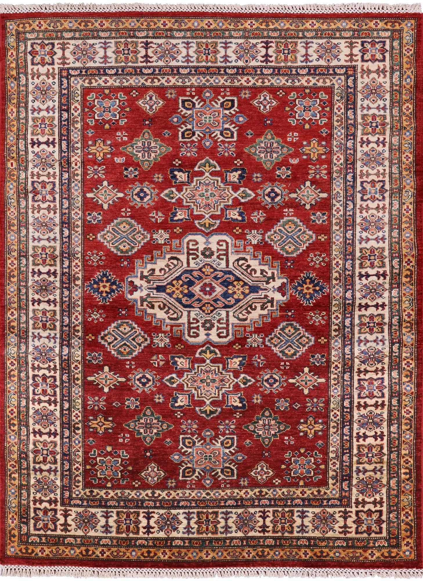 Red Super Kazak Hand Knotted Wool Area Rug - 4' 11" X 6' 5" - Golden Nile