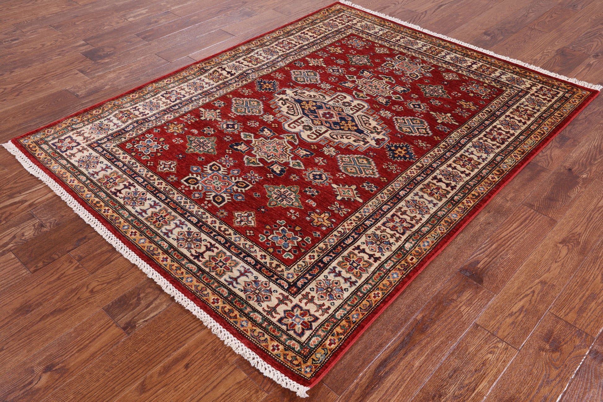 Red Super Kazak Hand Knotted Wool Area Rug - 4' 11" X 6' 5" - Golden Nile