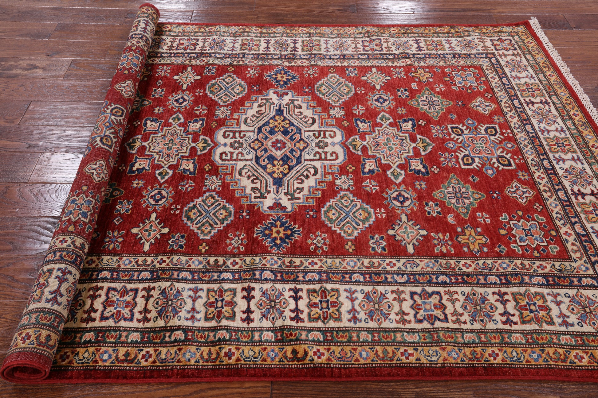 Red Super Kazak Hand Knotted Wool Area Rug - 4' 11" X 6' 5" - Golden Nile