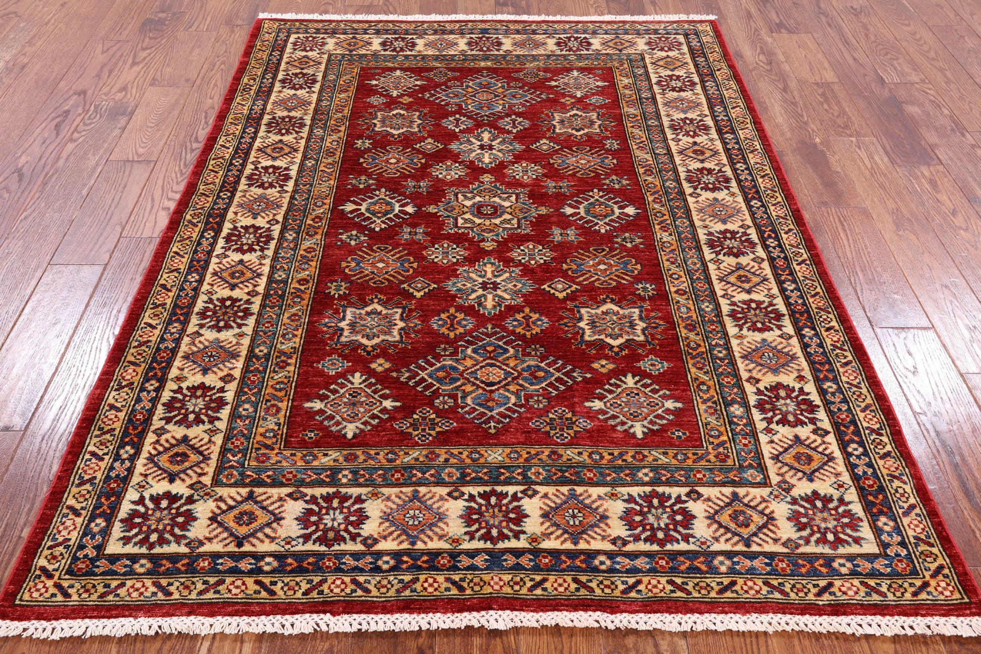 Red Super Kazak Hand Knotted Area Rug - 5' 0" X 6' 9" - Golden Nile