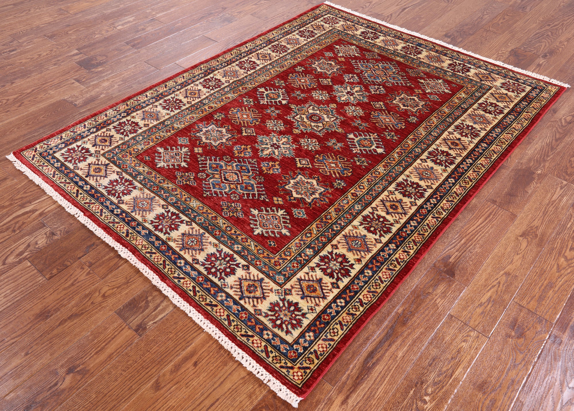Red Super Kazak Hand Knotted Area Rug - 5' 0" X 6' 9" - Golden Nile