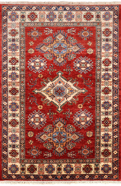 Super Kazak Hand Knotted Wool Area Rug - 4' 1" X 6' - Golden Nile