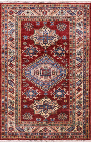 Red Super Kazak Hand Knotted Area Rug - 3' 11" X 6' 0" - Golden Nile