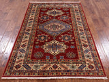 Red Super Kazak Hand Knotted Area Rug - 3' 11" X 6' 0" - Golden Nile