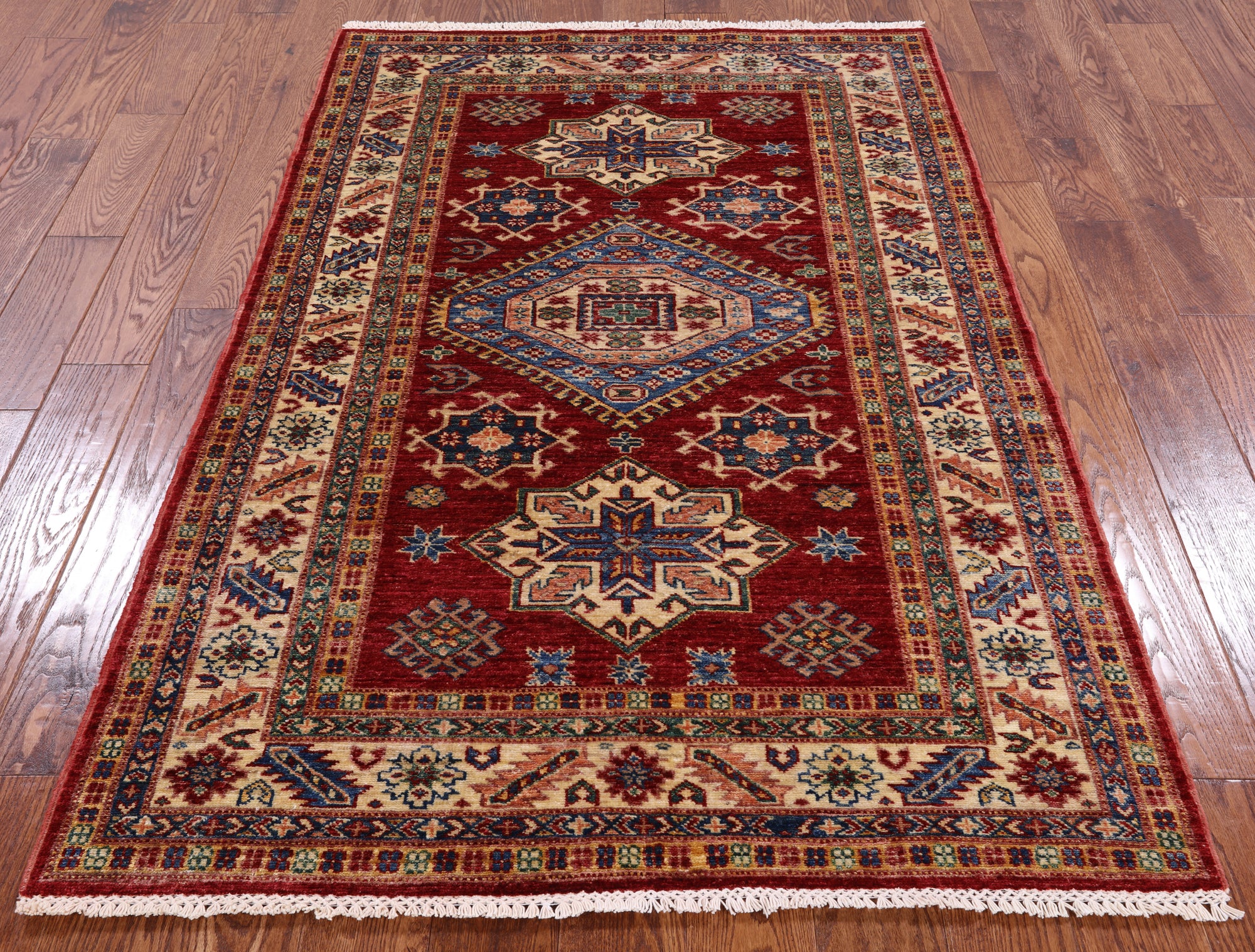 Red Super Kazak Hand Knotted Area Rug - 3' 11" X 6' 0" - Golden Nile