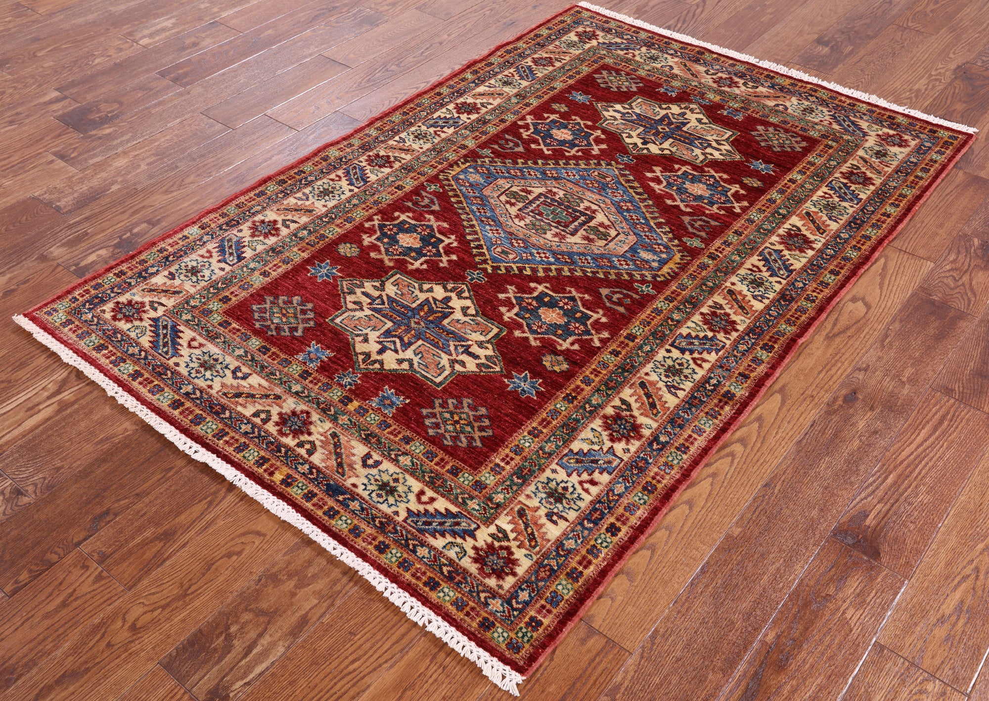 Red Super Kazak Hand Knotted Area Rug - 3' 11" X 6' 0" - Golden Nile