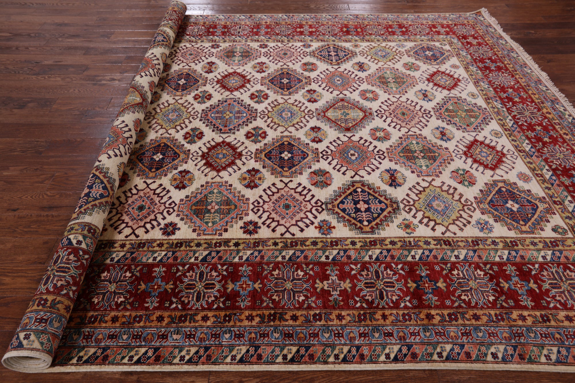 Ivory Super Kazak Handmade Area Rug - 9' 0" X 12' 2" - Golden Nile