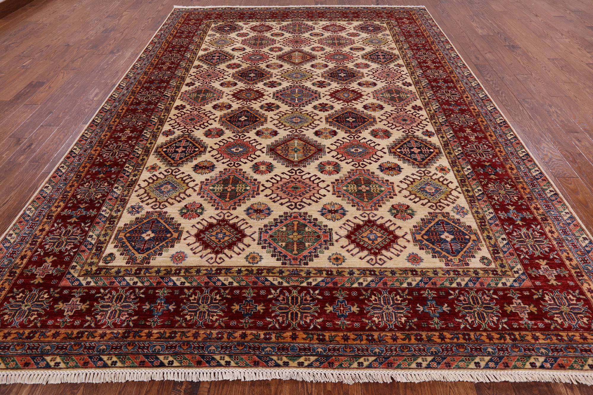 Ivory Super Kazak Handmade Area Rug - 9' 0" X 12' 2" - Golden Nile
