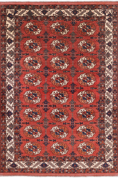 Red Ersari Handmade Wool Area Rug - 6' 7" X 9' 7" - Golden Nile