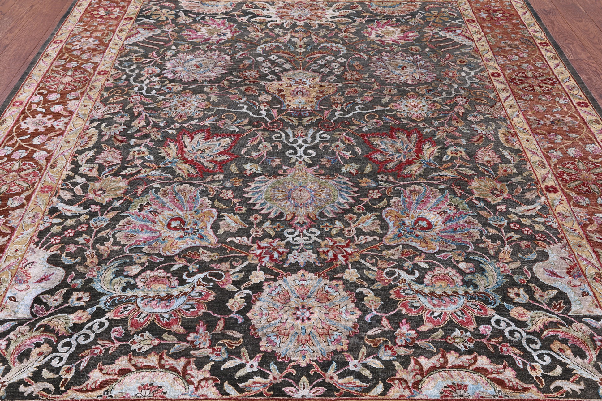Grey Pure Silk With Oxidized Wool Hand Knotted Area Rug - 7' 11" X 10' - Golden Nile