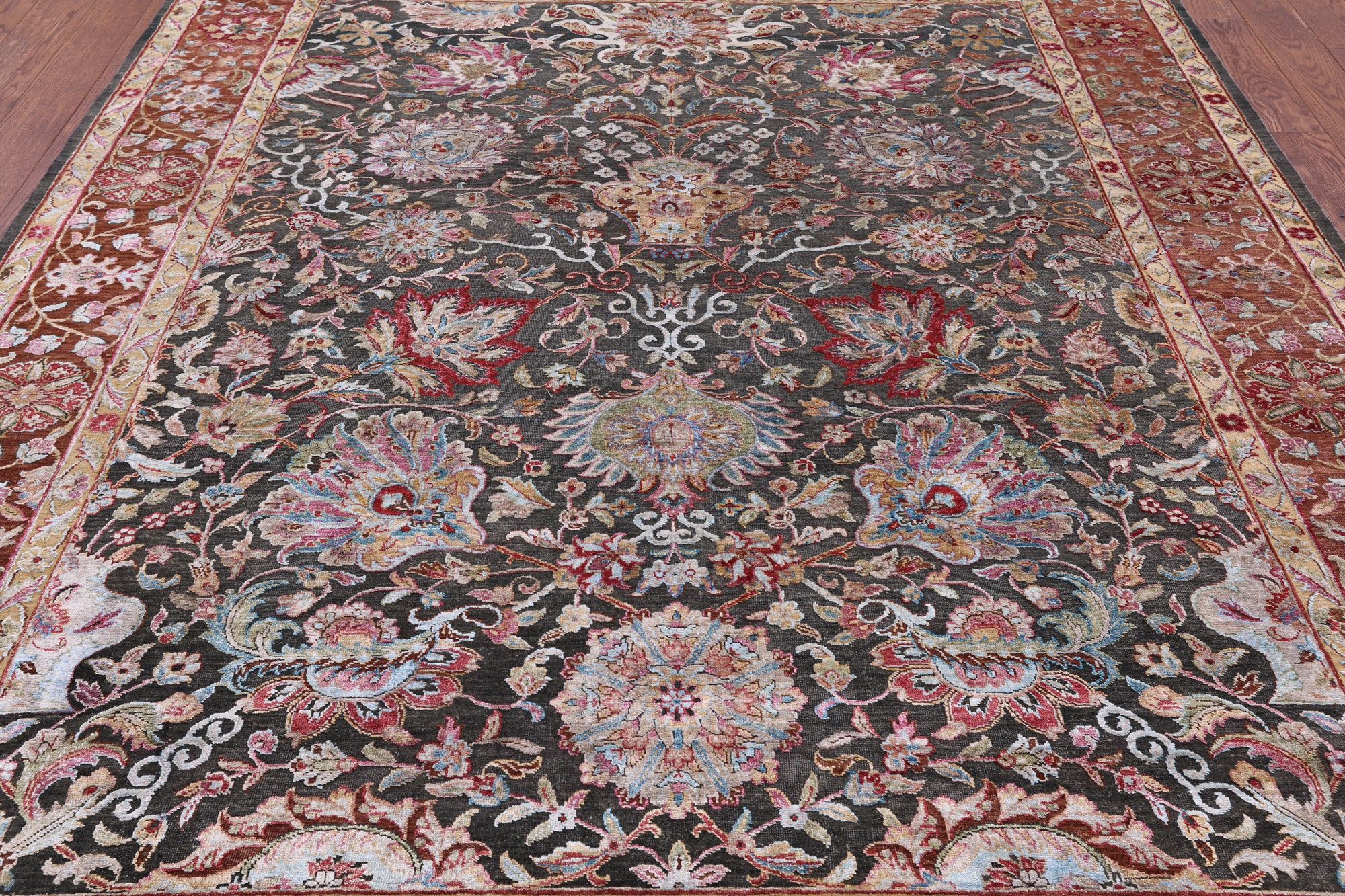 Grey Pure Silk With Oxidized Wool Hand Knotted Area Rug - 7' 11" X 10' - Golden Nile