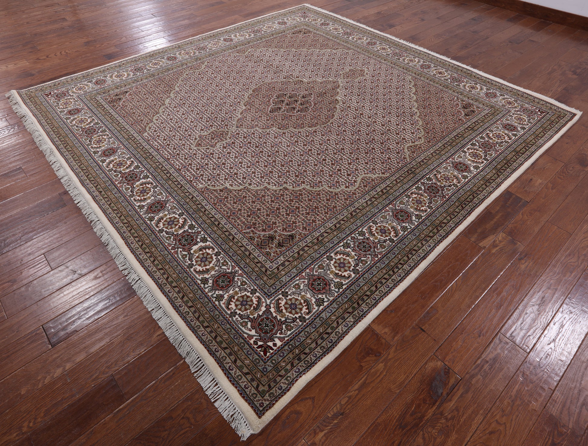 Ivory Square Bijar Hand Knotted Wool & Silk Rug - 9' 9" X 10' 1" - Golden Nile