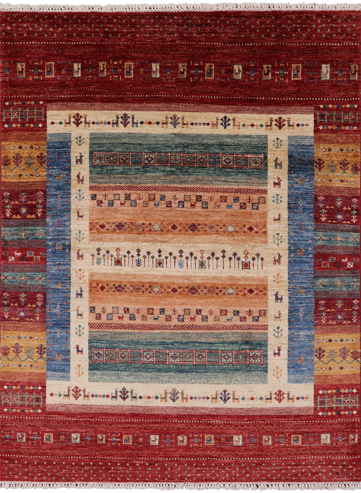 Tribal Gabbeh Hand Knotted Wool Rug - 5' 0" X 6' 7" - Golden Nile