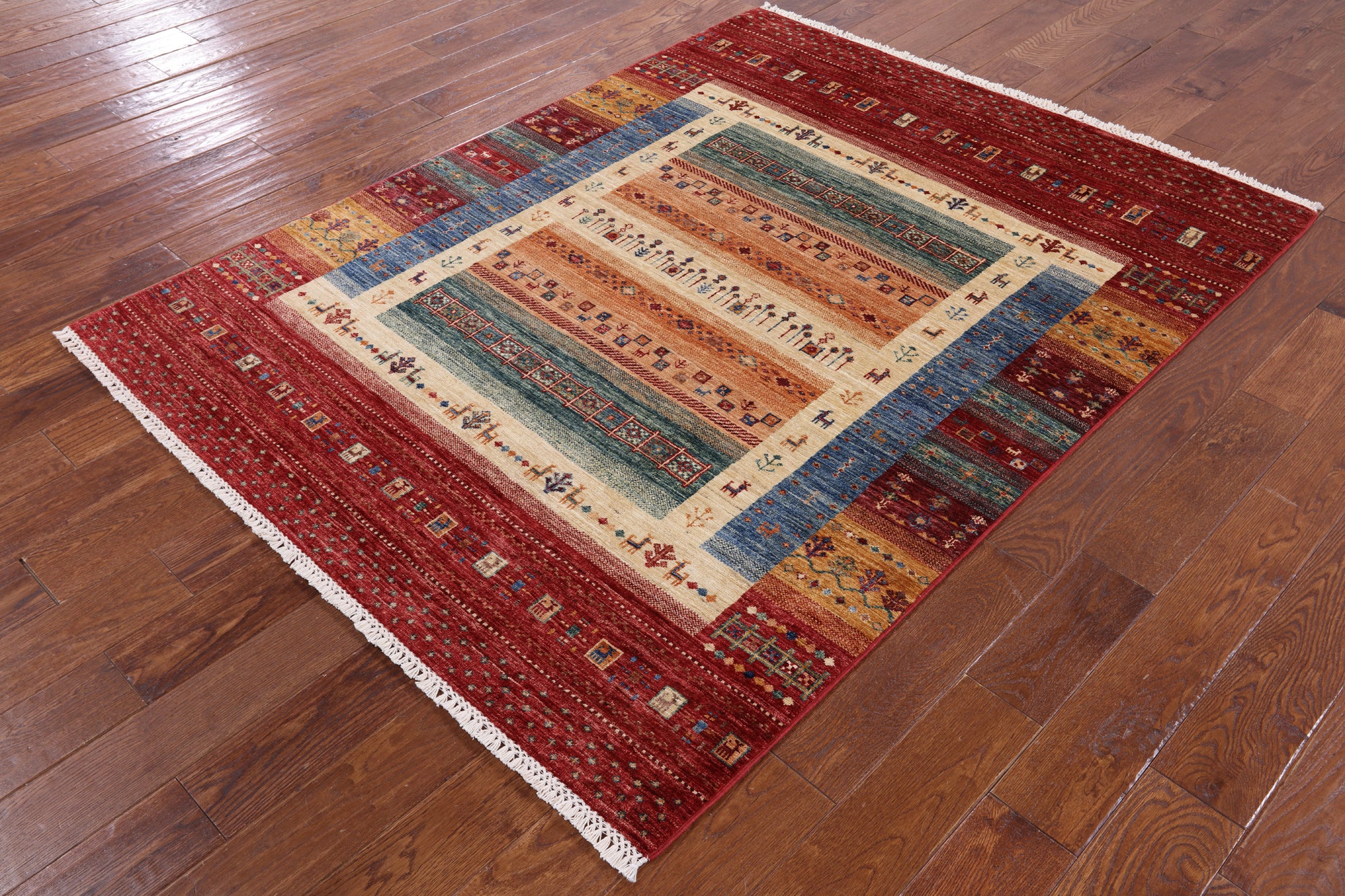 Tribal Gabbeh Hand Knotted Wool Rug - 5' 0" X 6' 7" - Golden Nile