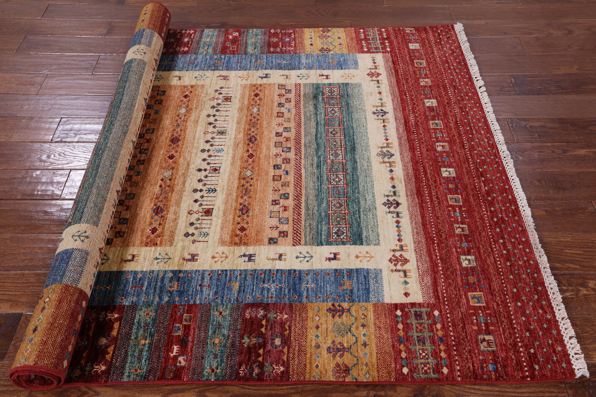 Tribal Gabbeh Hand Knotted Wool Rug - 5' 0" X 6' 7" - Golden Nile