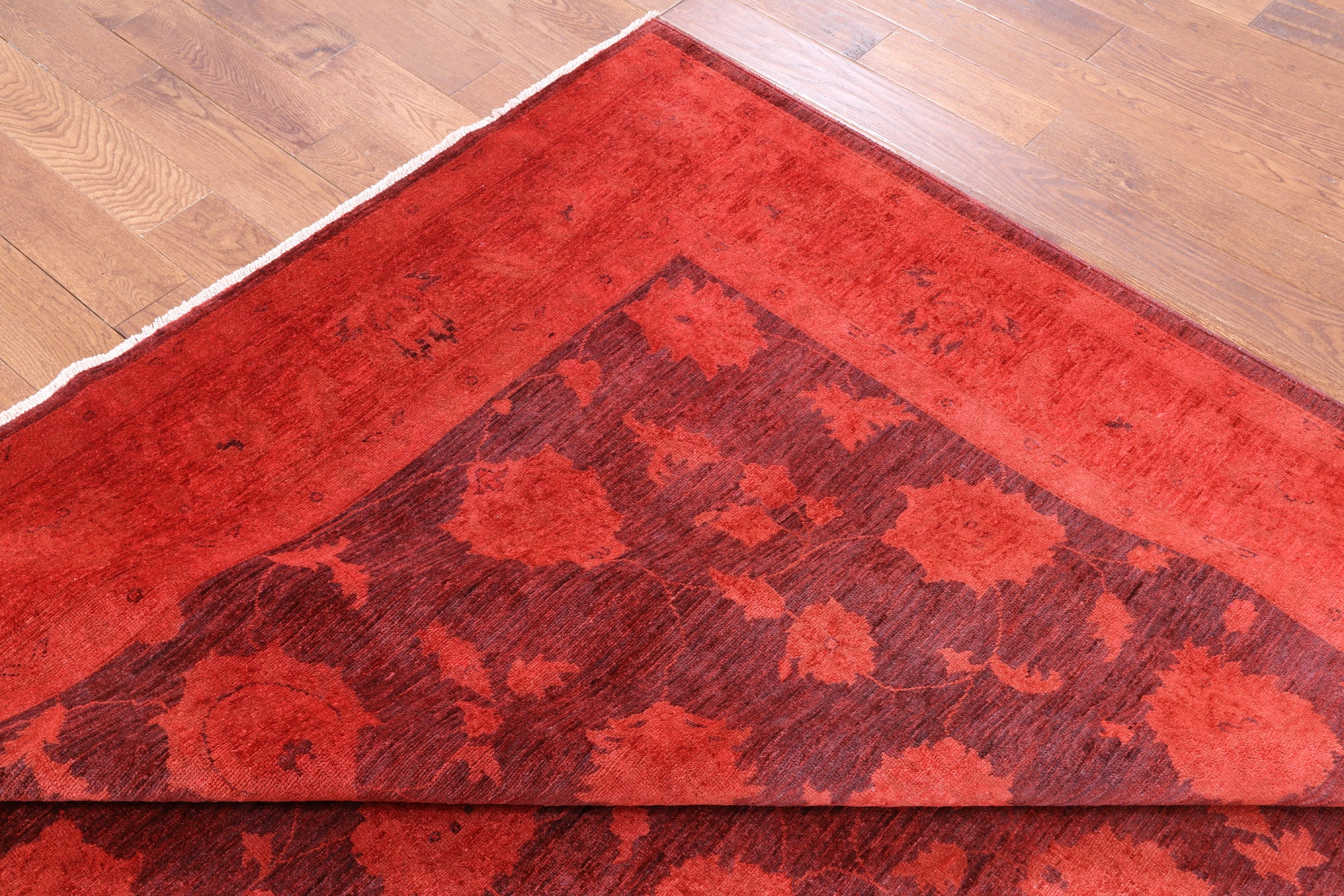 Red Full Pile Overdyed Hand Knotted Wool Area Rug - 8' 1" X 9' 10" - Golden Nile