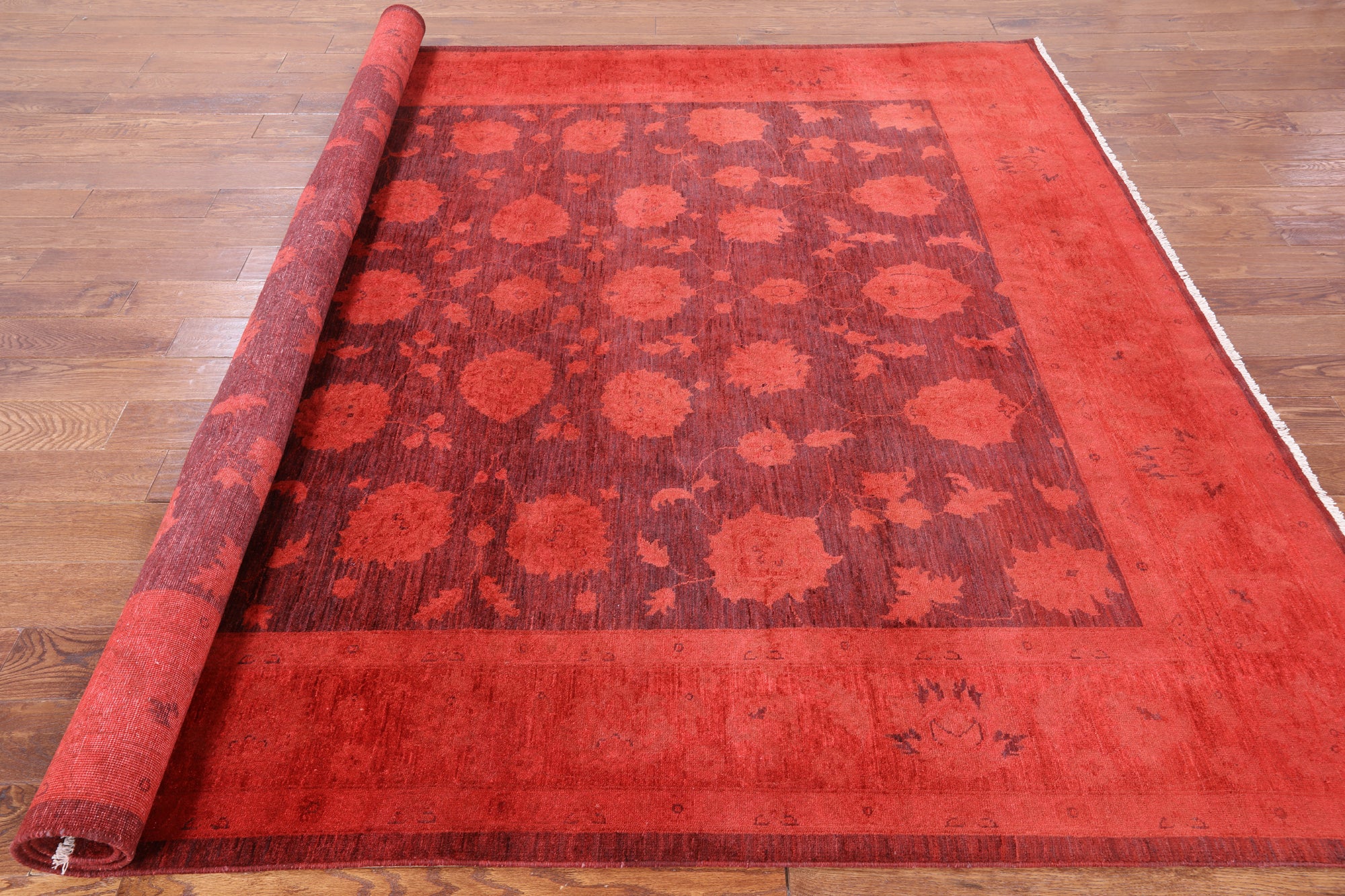 Red Full Pile Overdyed Hand Knotted Wool Area Rug - 8' 1" X 9' 10" - Golden Nile