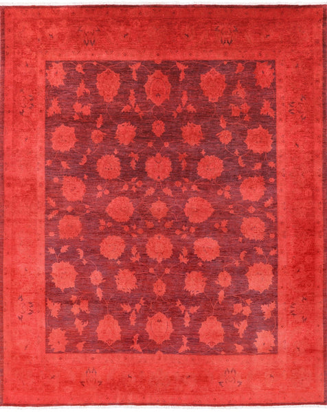 Red Full Pile Overdyed Hand Knotted Wool Area Rug - 8' 1" X 9' 10" - Golden Nile