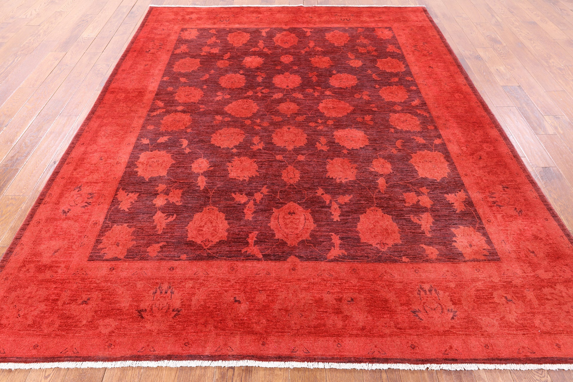 Red Full Pile Overdyed Hand Knotted Wool Area Rug - 8' 1" X 9' 10" - Golden Nile