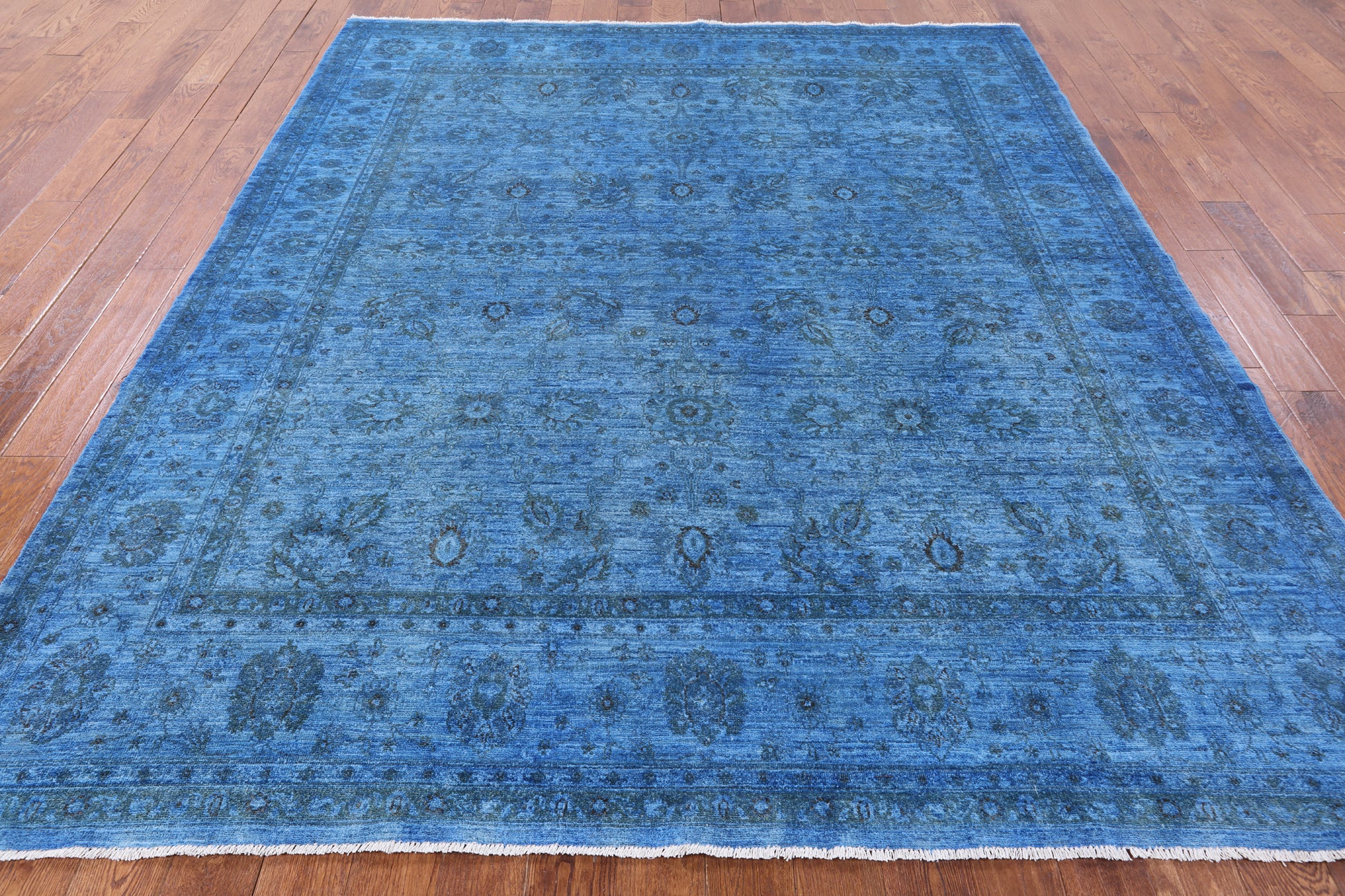 Blue Full Pile Overdyed Handmade Wool Rug - 8' 1" X 9' 7" - Golden Nile