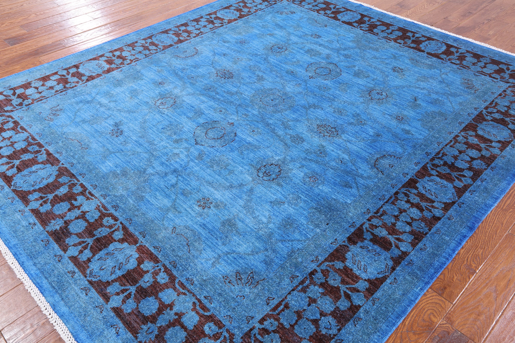 Blue Full Pile Overdyed Hand Knotted Wool Area Rug - 8' 2" X 9' 6" - Golden Nile