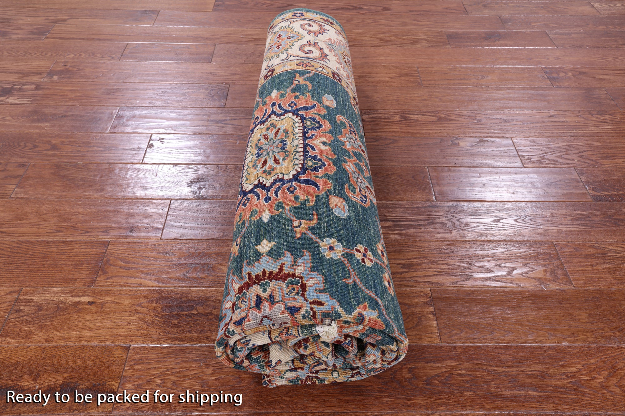Green Peshawar Hand Knotted Wool Rug - 6' 9" X 9' 8" - Golden Nile