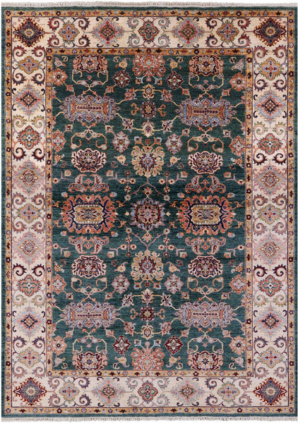 Green Peshawar Hand Knotted Wool Rug - 6' 9" X 9' 8" - Golden Nile