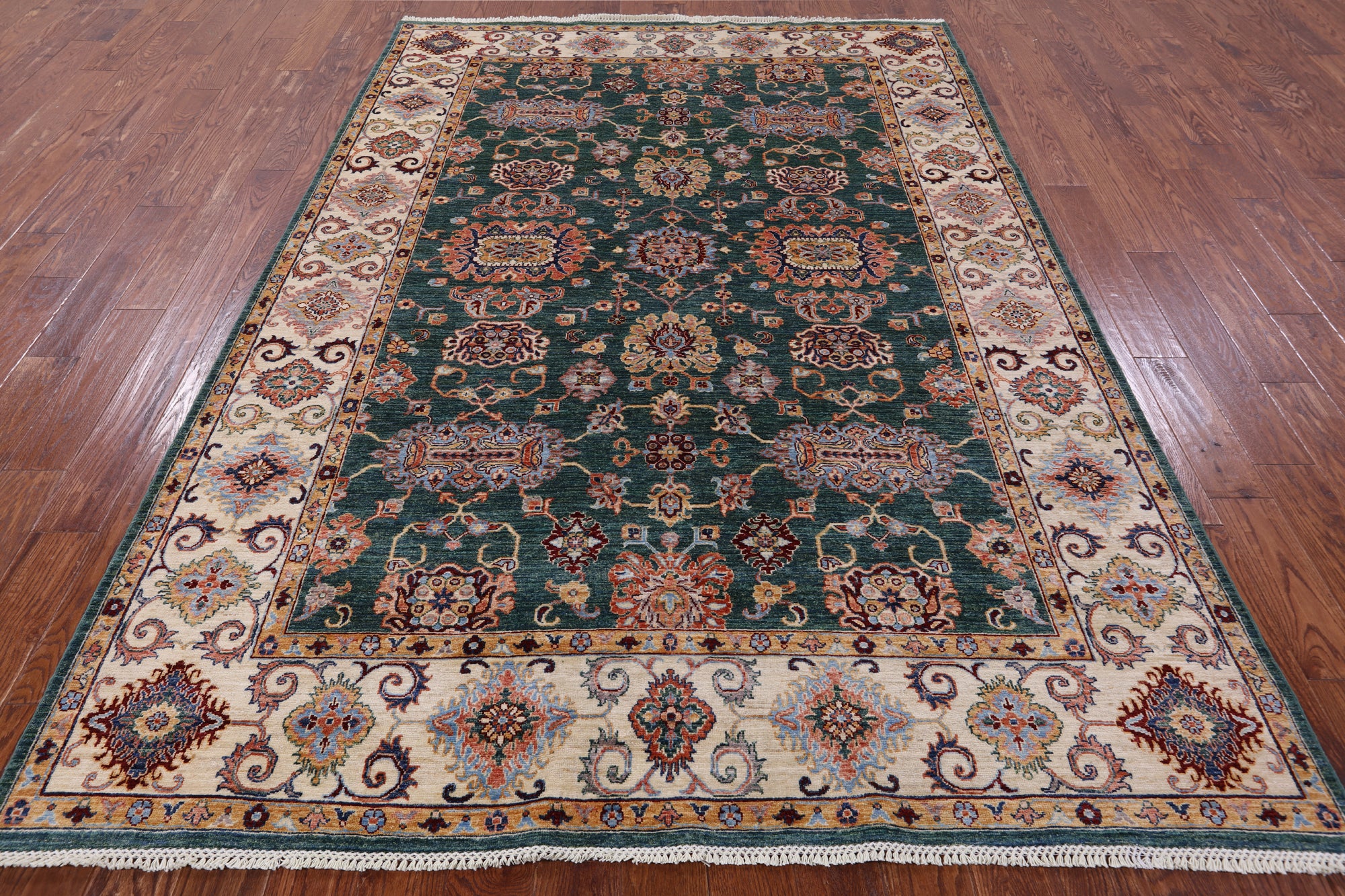 Green Peshawar Hand Knotted Wool Rug - 6' 9" X 9' 8" - Golden Nile