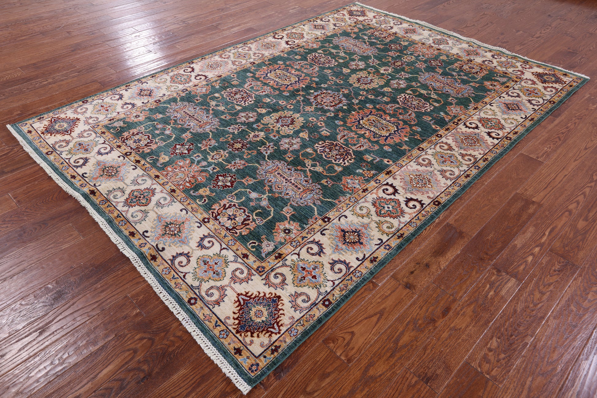 Green Peshawar Hand Knotted Wool Rug - 6' 9" X 9' 8" - Golden Nile