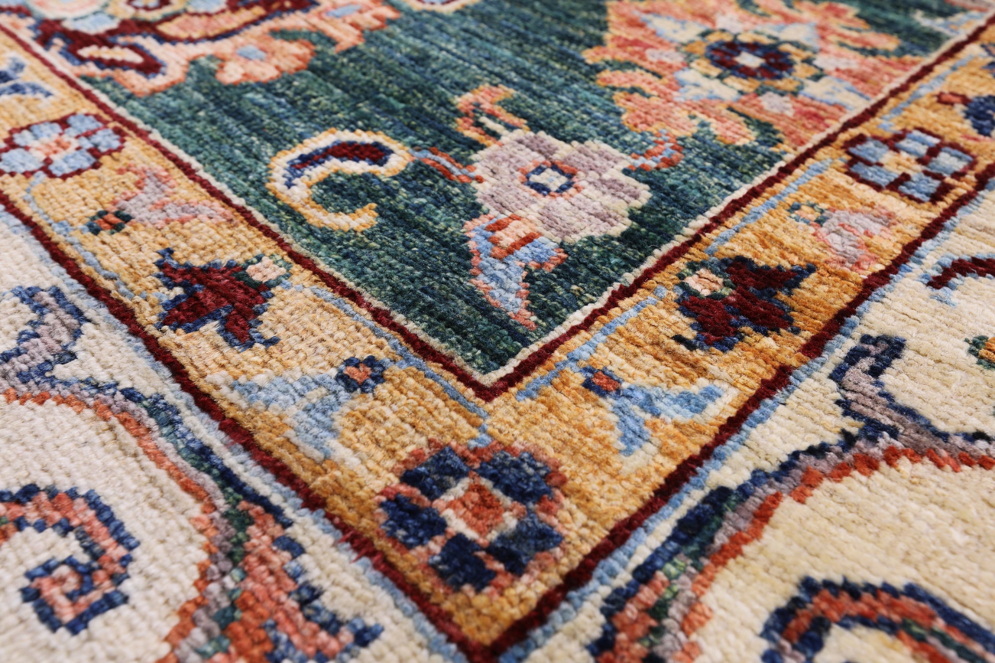 Green Peshawar Hand Knotted Wool Rug - 6' 9" X 9' 8" - Golden Nile