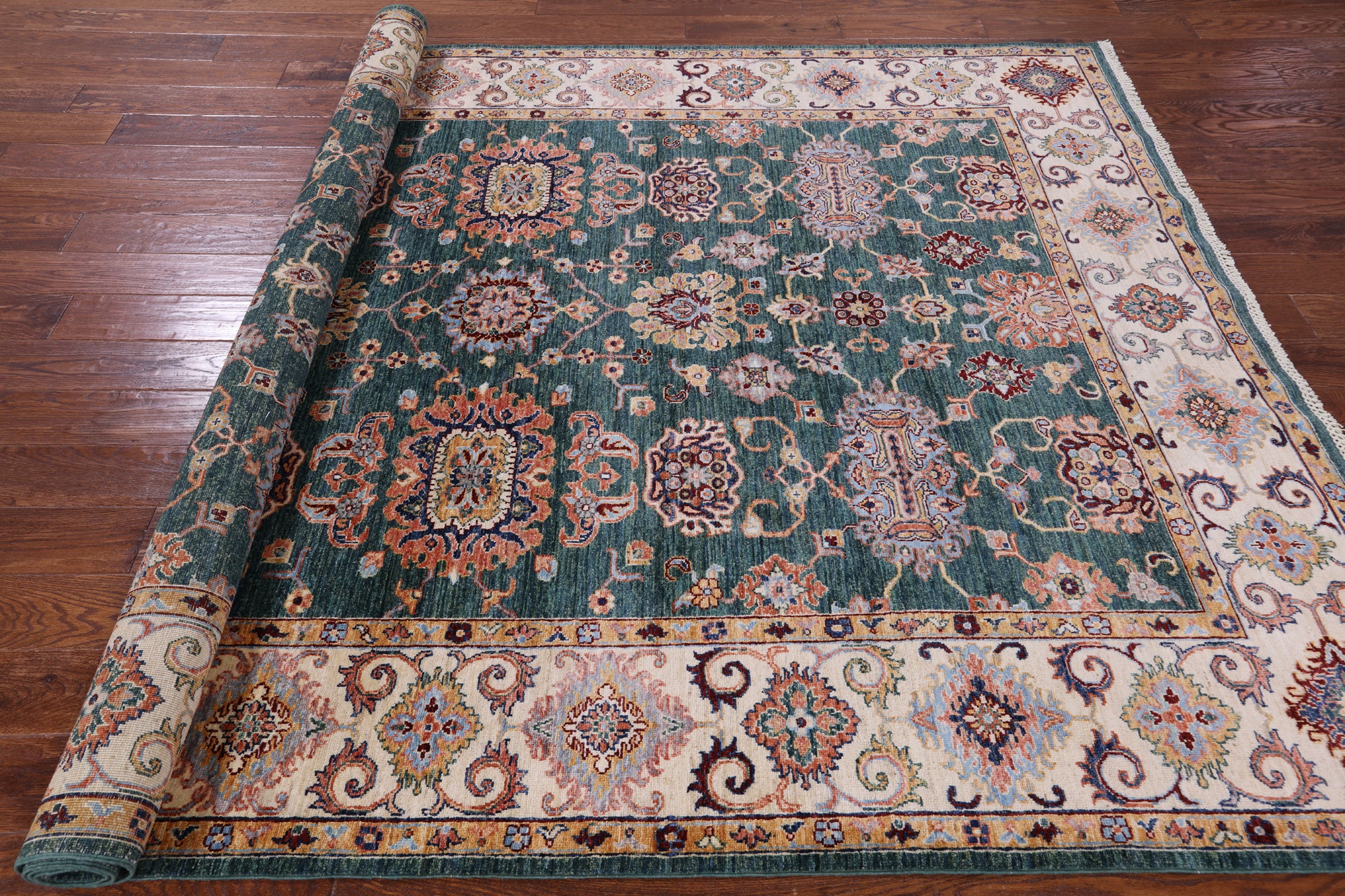 Green Peshawar Hand Knotted Wool Rug - 6' 9" X 9' 8" - Golden Nile