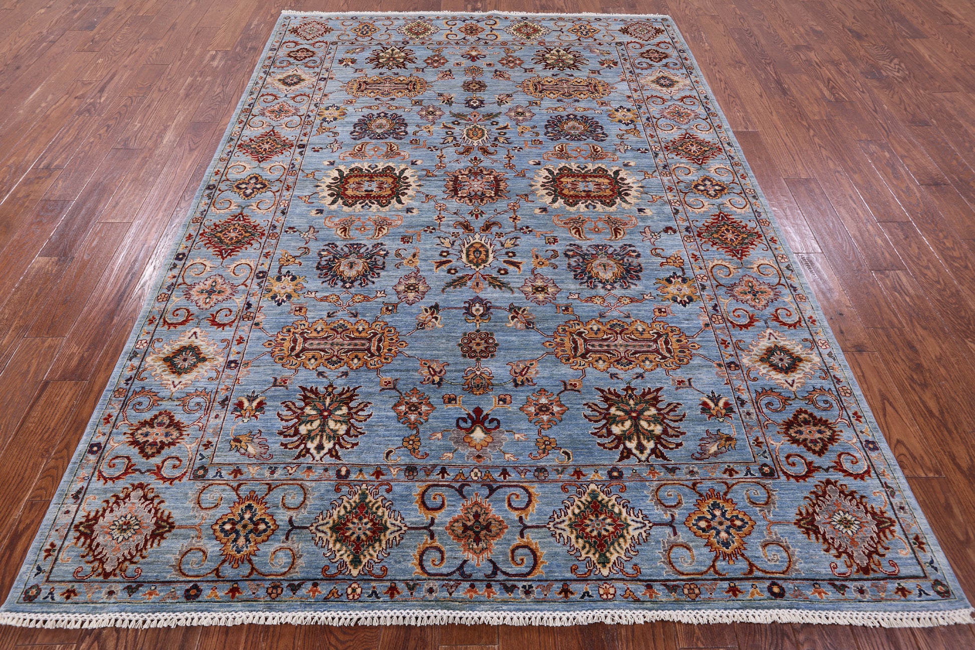 Blue Peshawar Handmade Wool Rug - 7' 0" X 9' 9" - Golden Nile