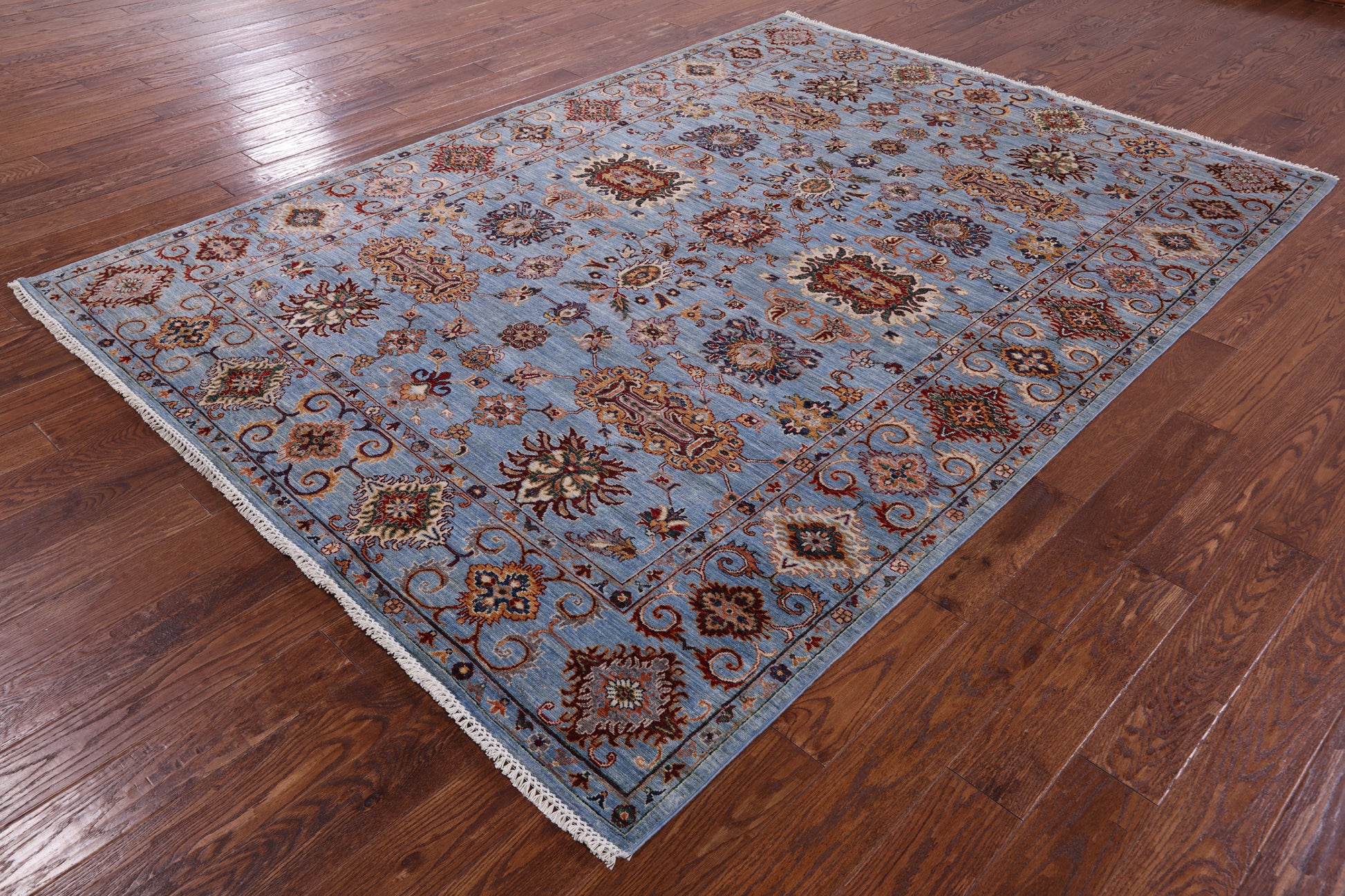 Blue Peshawar Handmade Wool Rug - 7' 0" X 9' 9" - Golden Nile