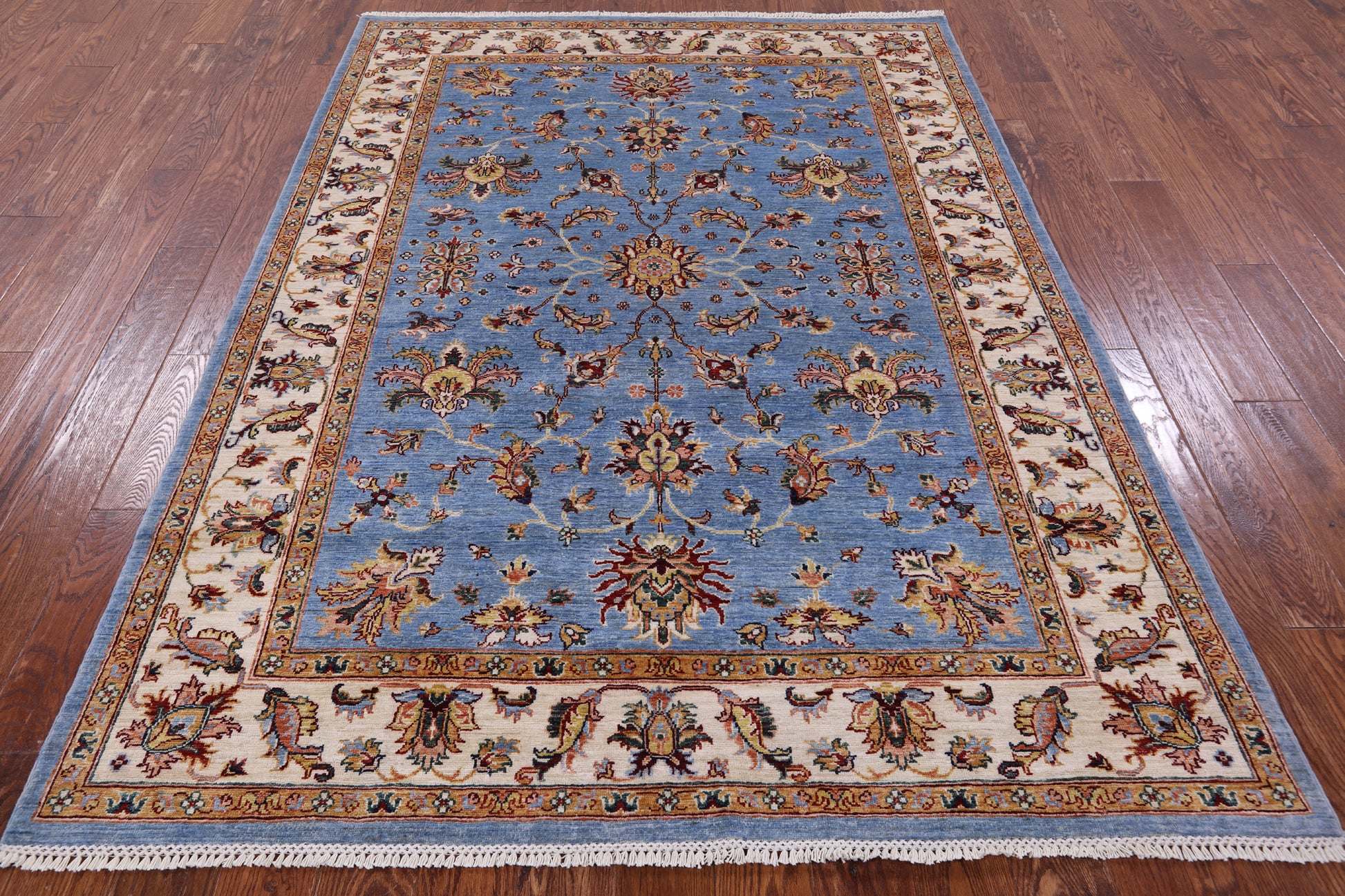 Blue Peshawar Hand Knotted Wool Rug - 5' 9" X 7' 11" - Golden Nile
