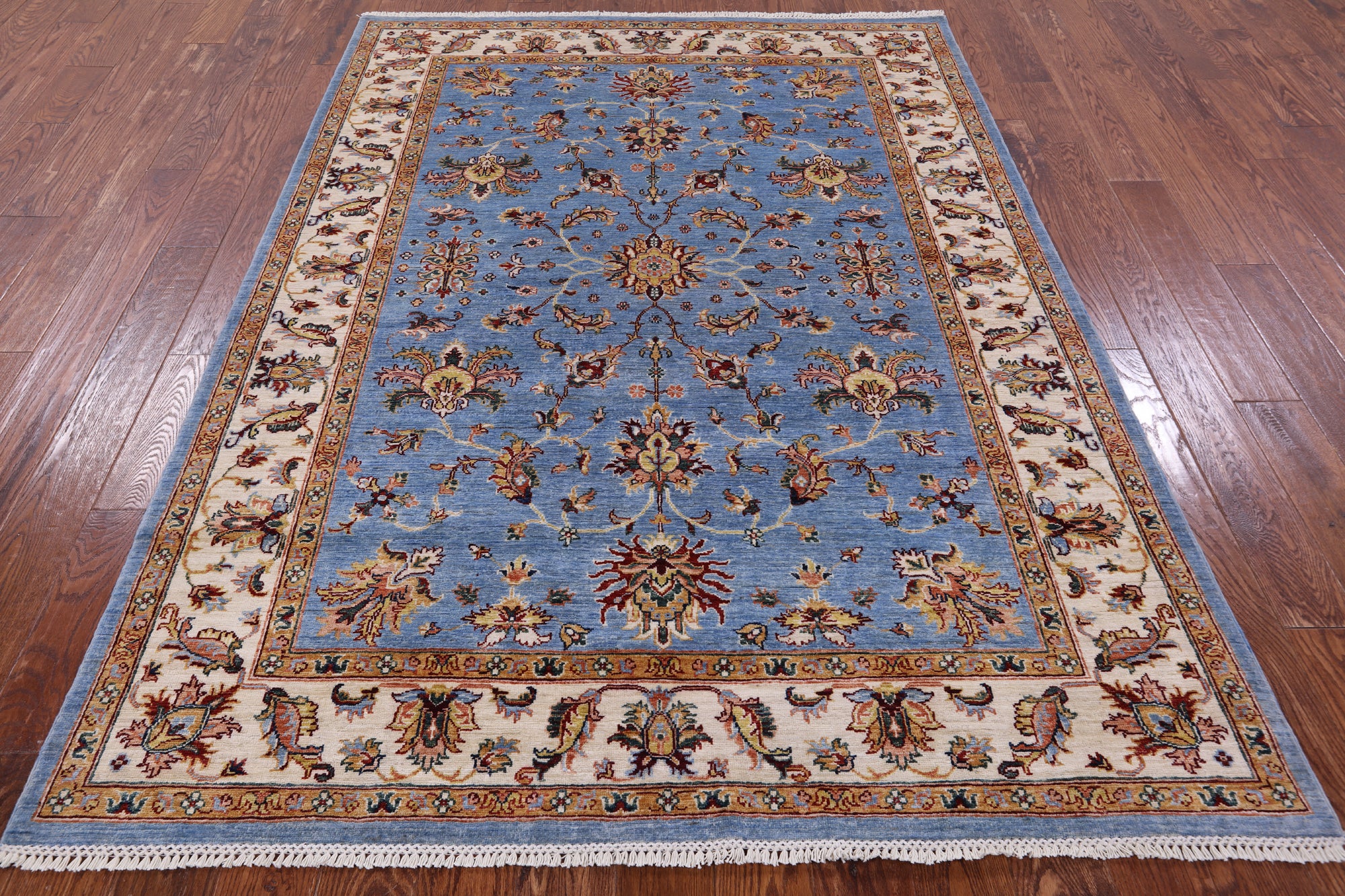 Blue Peshawar Hand Knotted Wool Rug - 5' 9" X 7' 11" - Golden Nile