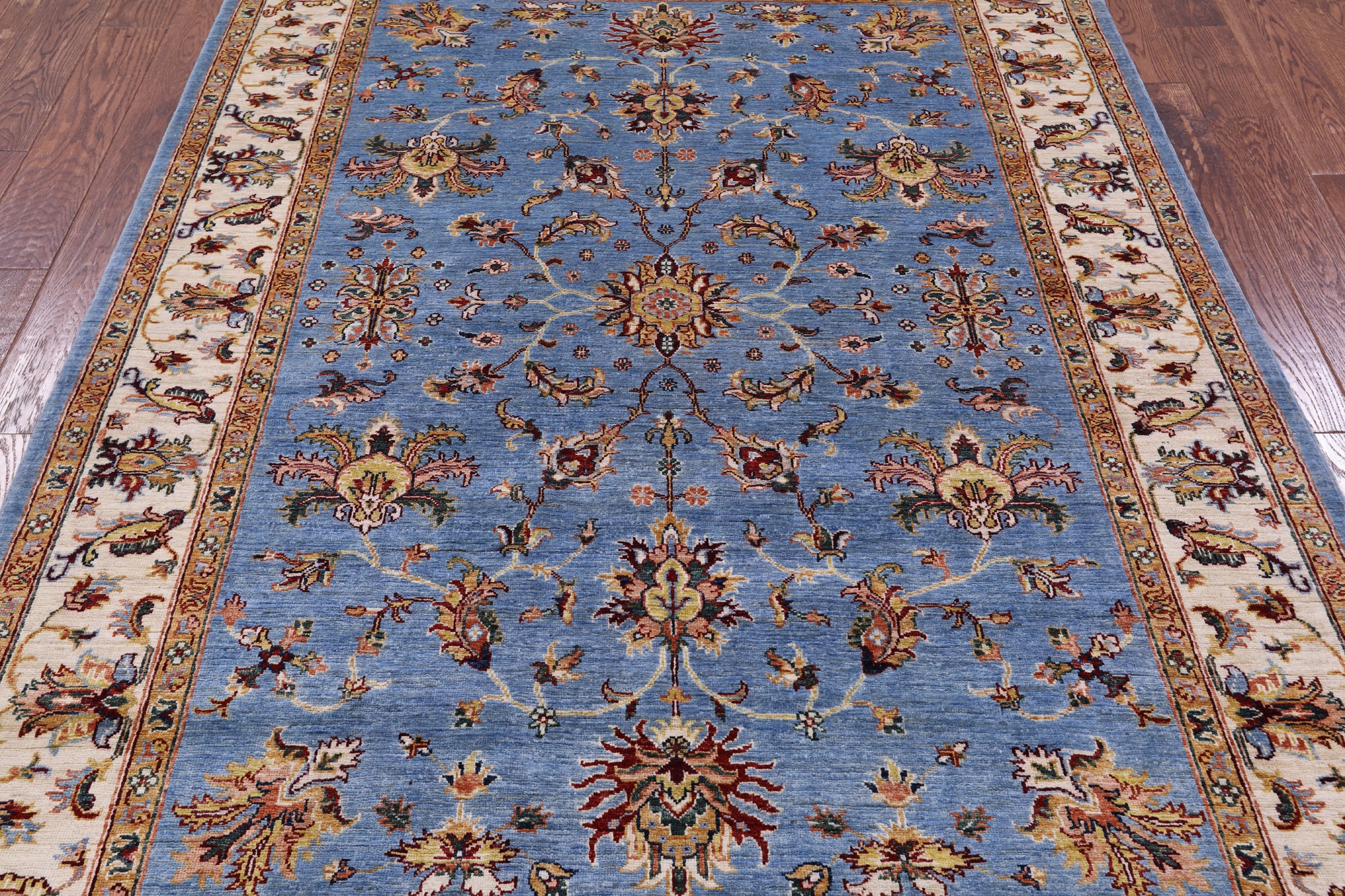 Blue Peshawar Hand Knotted Wool Rug - 5' 9" X 7' 11" - Golden Nile