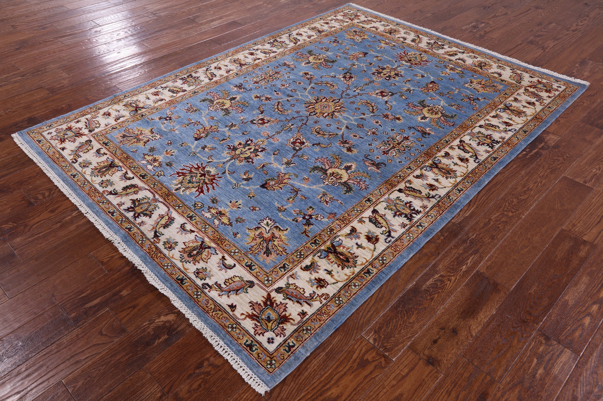 Blue Peshawar Hand Knotted Wool Rug - 5' 9" X 7' 11" - Golden Nile