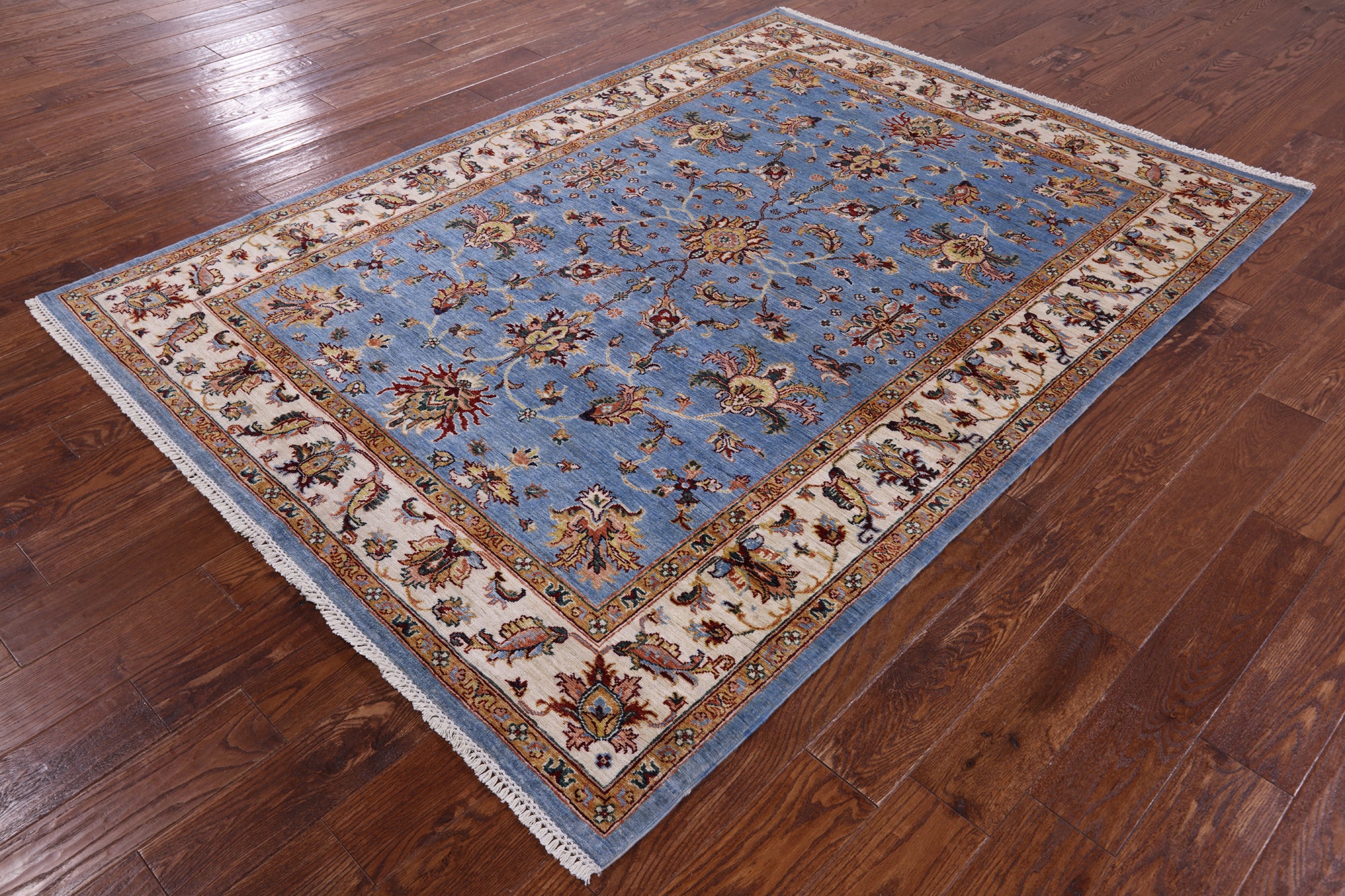 Blue Peshawar Hand Knotted Wool Rug - 5' 9" X 7' 11" - Golden Nile