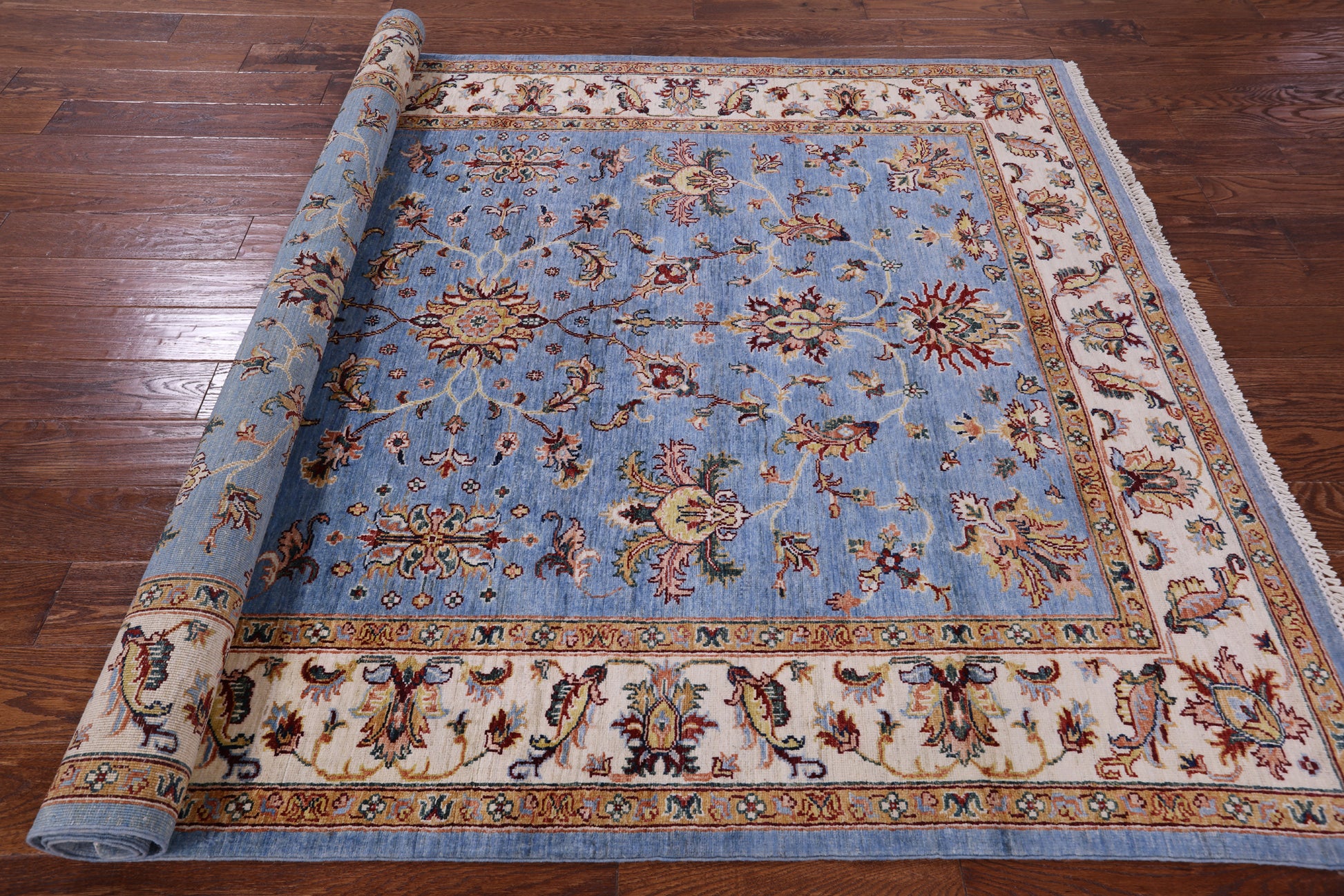 Blue Peshawar Hand Knotted Wool Rug - 5' 9" X 7' 11" - Golden Nile