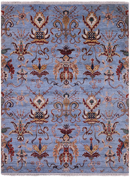 Blue Peshawar Handmade Wool Rug - 5' 0" X 6' 6" - Golden Nile
