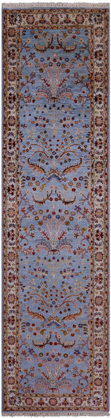 Blue Persian Tabriz Hand Knotted Wool Runner Rug - 2' 6" X 9' 10" - Golden Nile