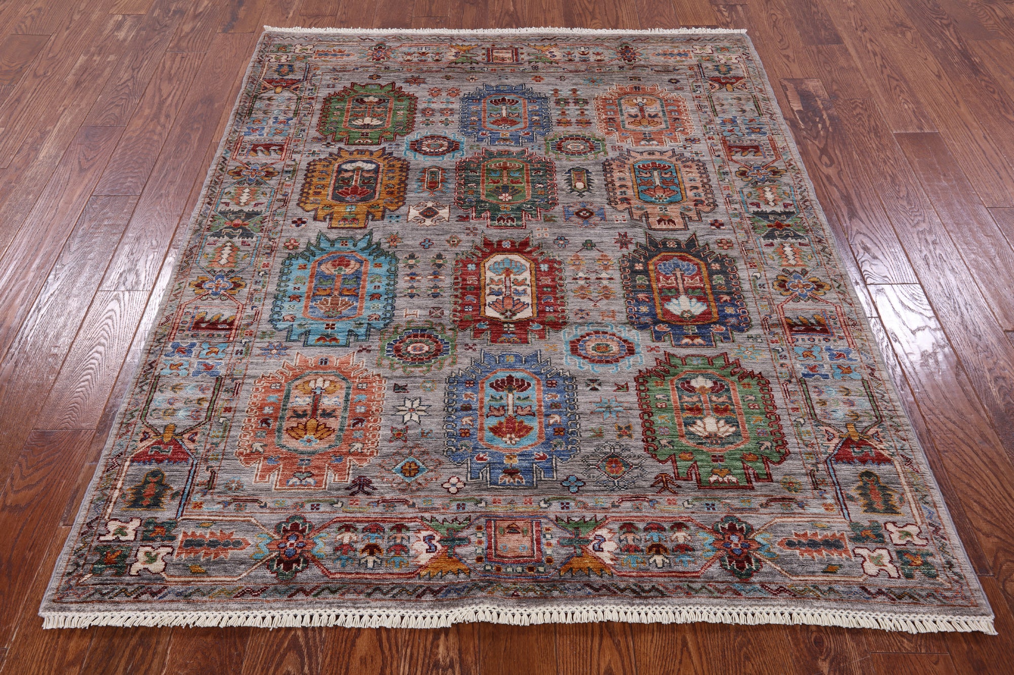 Grey Turkmen Ersari Handmade Wool Rug - 5' 3" X 6' 4" - Golden Nile
