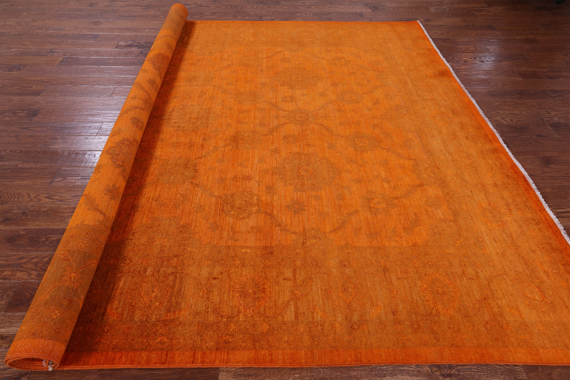Orange Full Pile Overdyed Hand Knotted Wool Rug - 9' 0" X 11' 9" - Golden Nile
