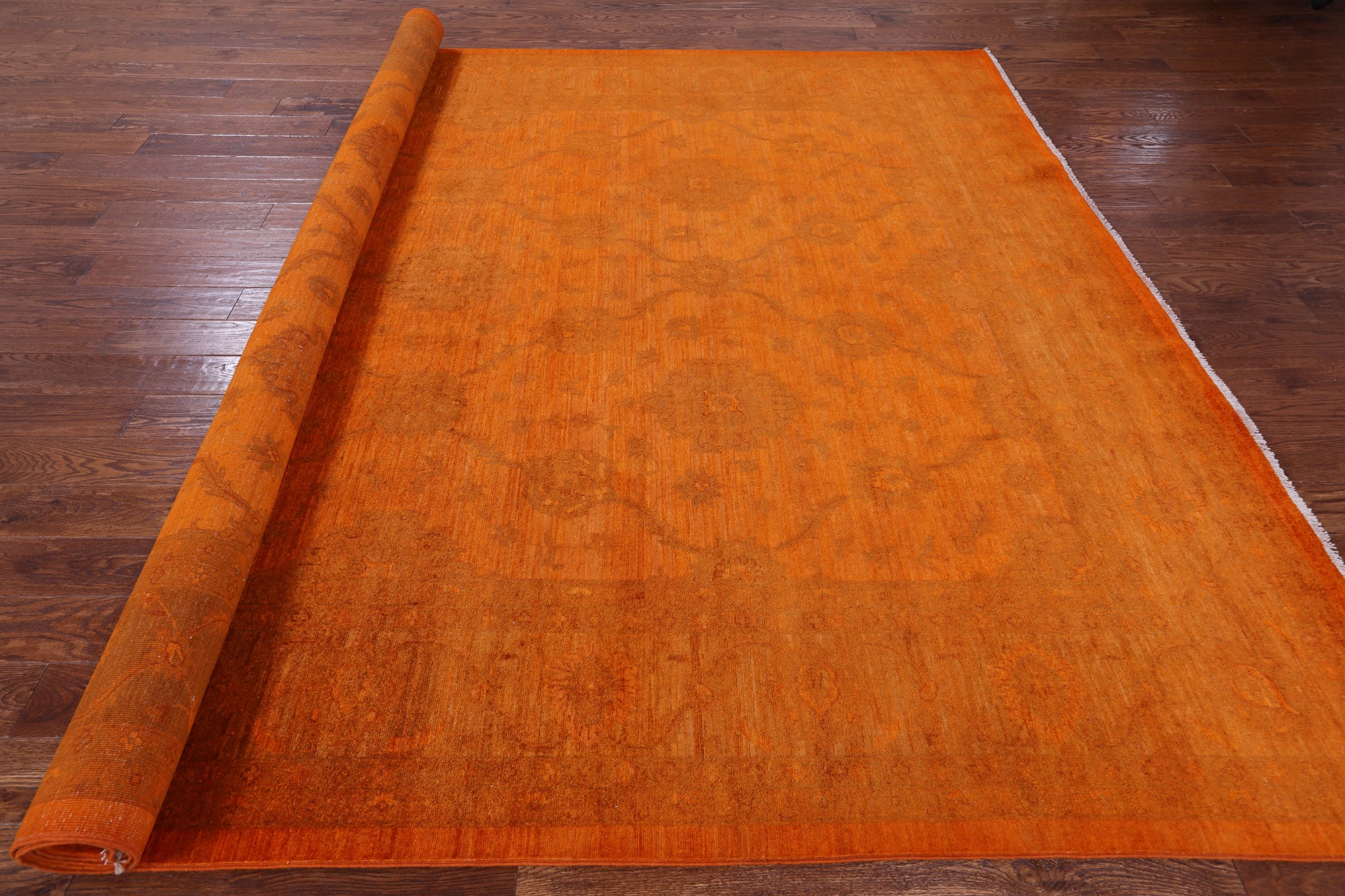 Orange Full Pile Overdyed Hand Knotted Wool Rug - 9' 0" X 11' 9" - Golden Nile