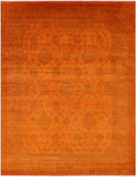 Orange Full Pile Overdyed Hand Knotted Wool Rug - 9' 0" X 11' 9" - Golden Nile