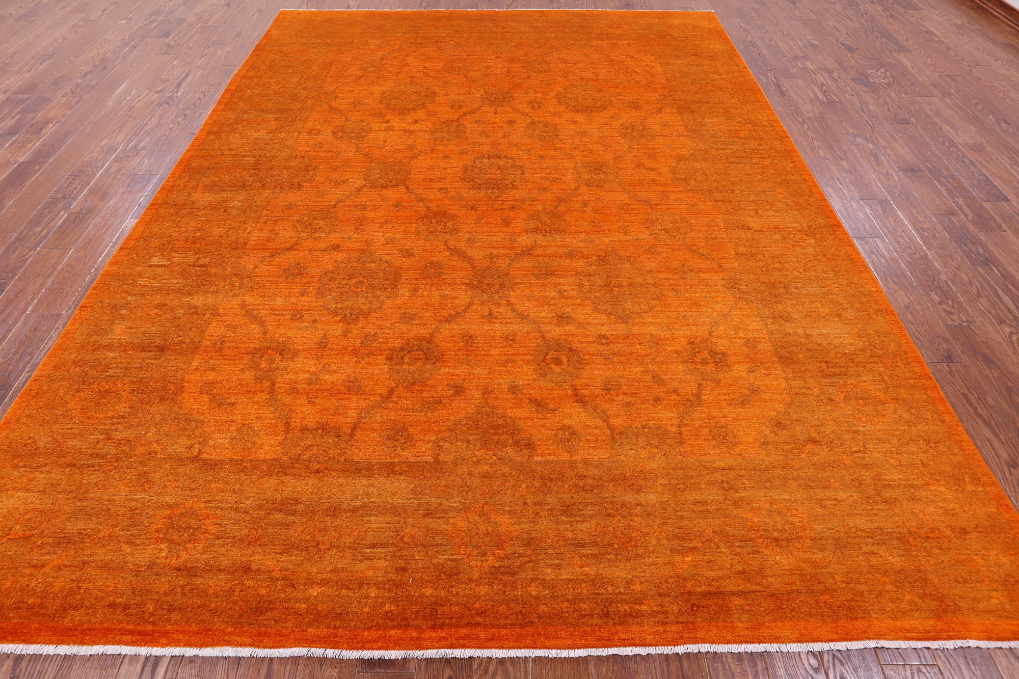 Orange Full Pile Overdyed Hand Knotted Wool Rug - 9' 0" X 11' 9" - Golden Nile